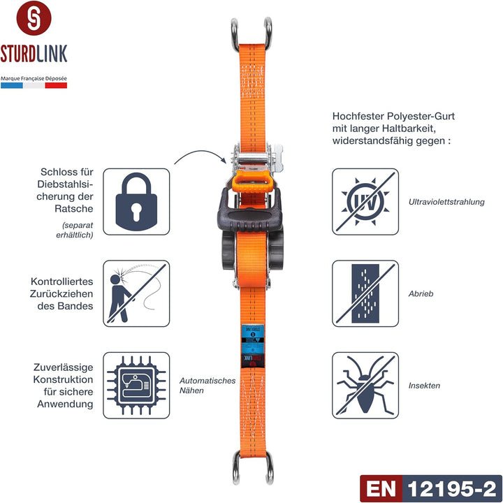 Automatik Spanngurt 5m 35mm mit U Haken 1000kg / 2000kg | Set von 2 Spanngurte Selbstaufrollend | Au