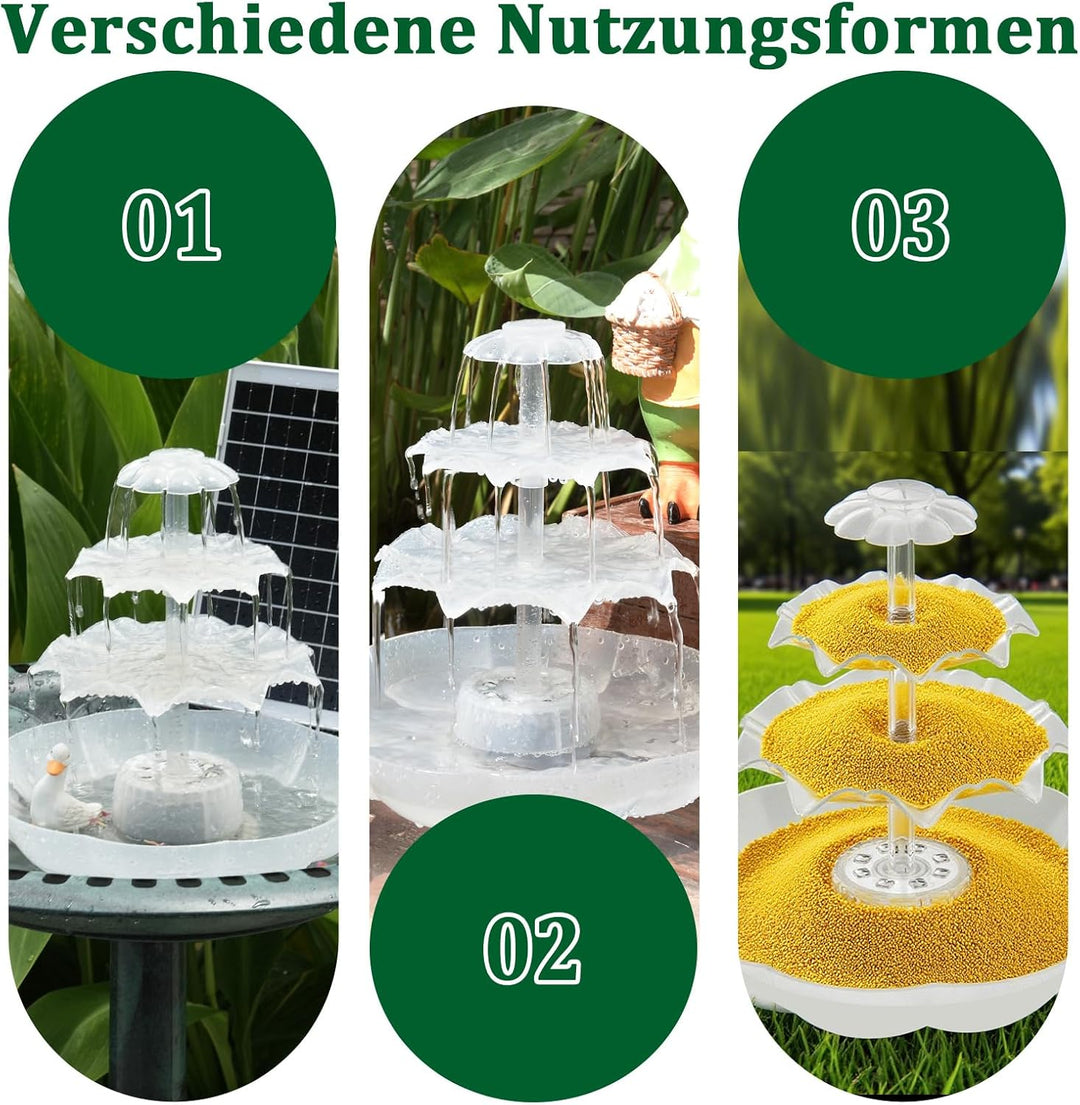 AISITIN DIY Brunnen,Vogeltränke Sets mit 6,5W Solar Springbrunnen mit Akku und LED, 3 Stufige Vogelf