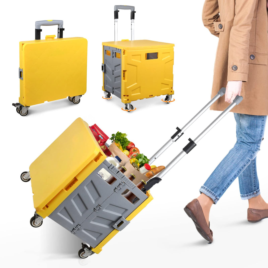 Einkaufstrolley Klappbar, Transport Trolley, bis 50 kg, 50 l Kiste, Einkaufskorb mit Deckel, Auszieh