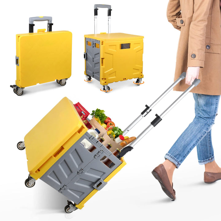 Einkaufstrolley Klappbar, Transport Trolley, bis 50 kg, 50 l Kiste, Einkaufskorb mit Deckel, Auszieh