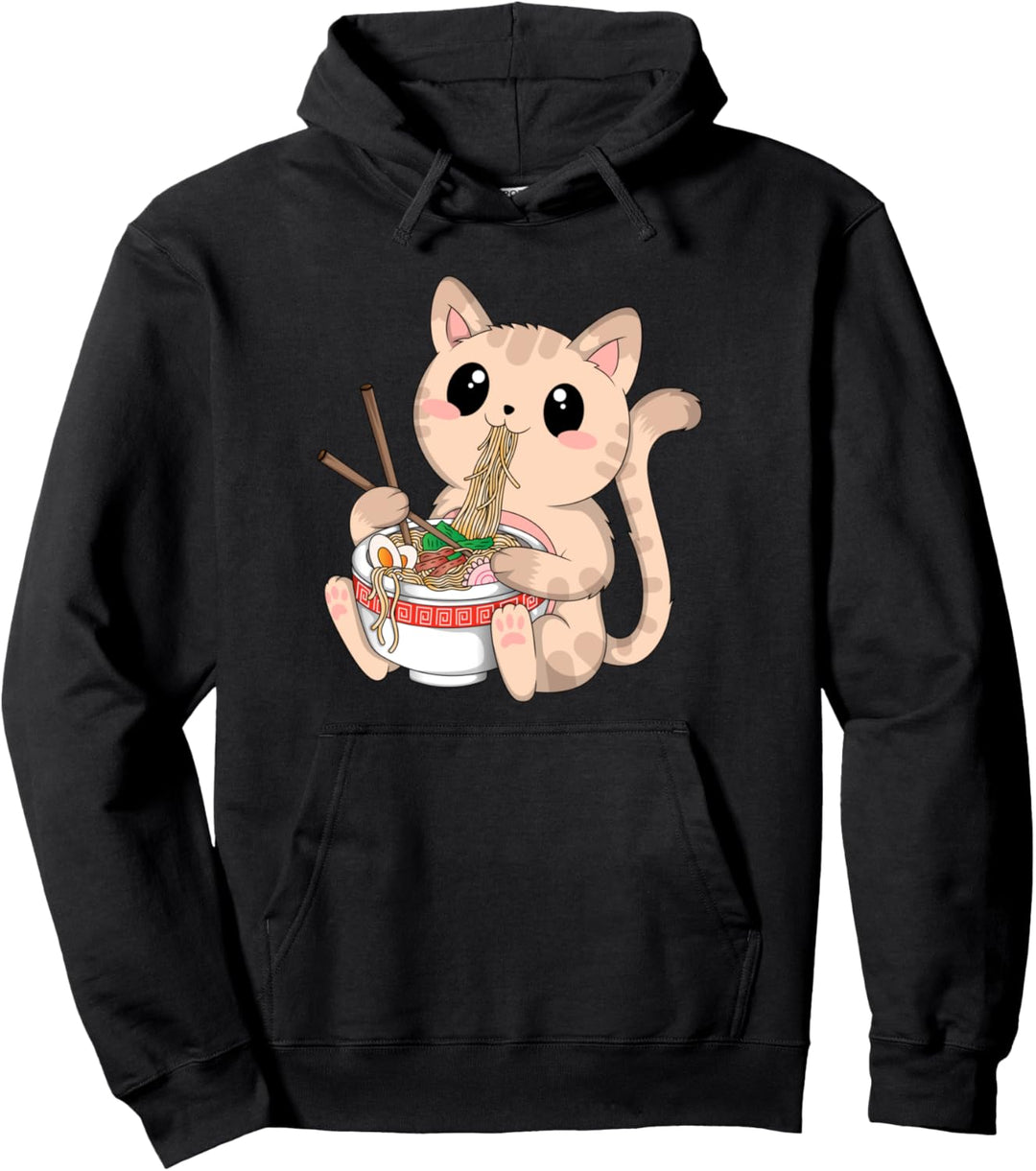 Niedliche Kawaii-Katze, Ramen Nudeln, Anime, lustige japanische Ästhetik Pullover Hoodie