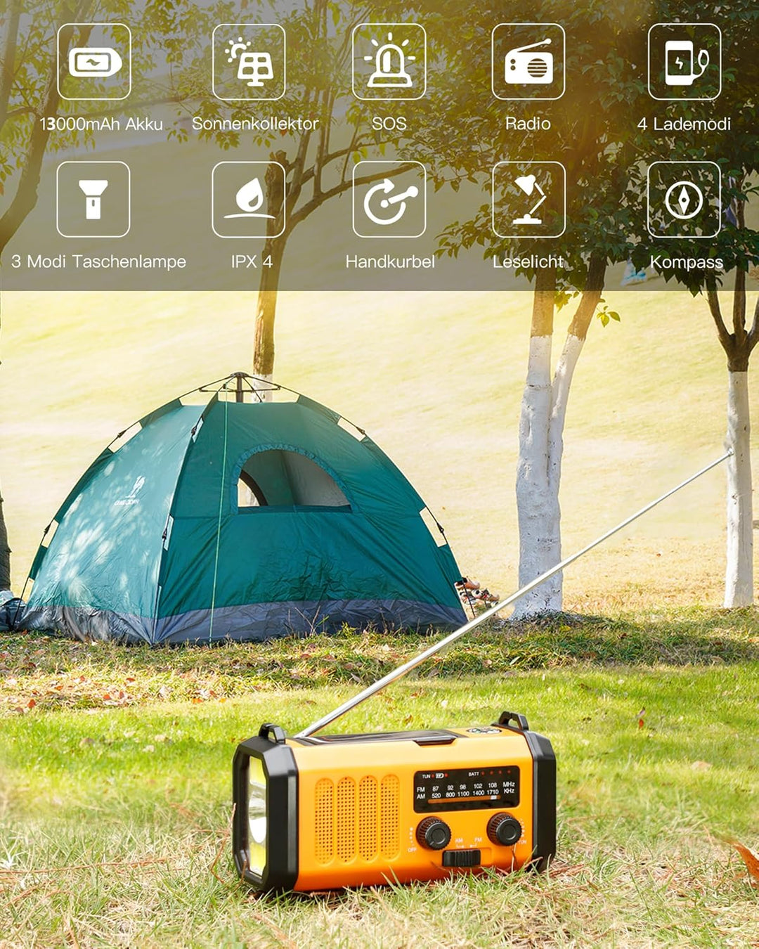 10000mAh Tragbare Solar Kurbelradio, Dynamo Weltempfänger Notradio mit AM FM Radio, Aufladbar Powerb