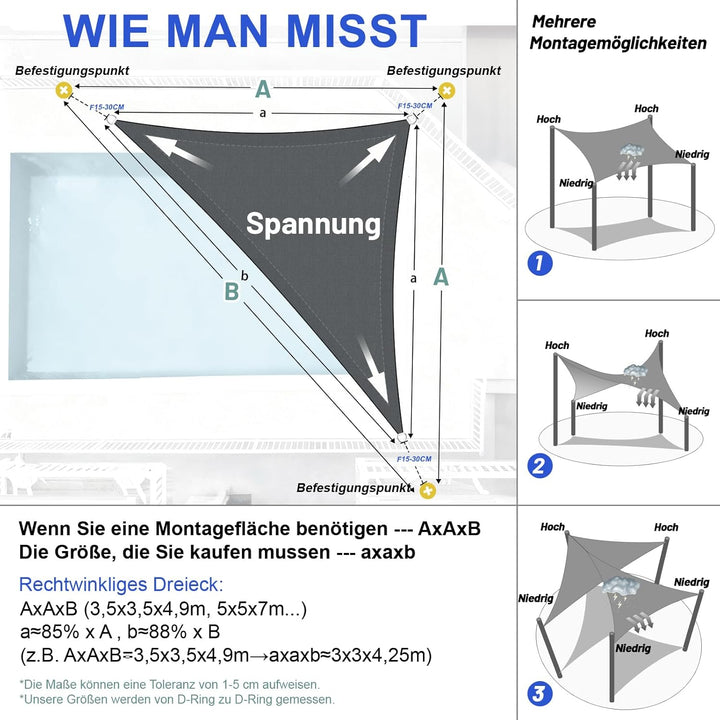 LOVE STORY Sonnensegel Wasserdicht 4x4x5.65m Dreieckig Rechtwinklig PES Polyester Sonnenschutz Winds