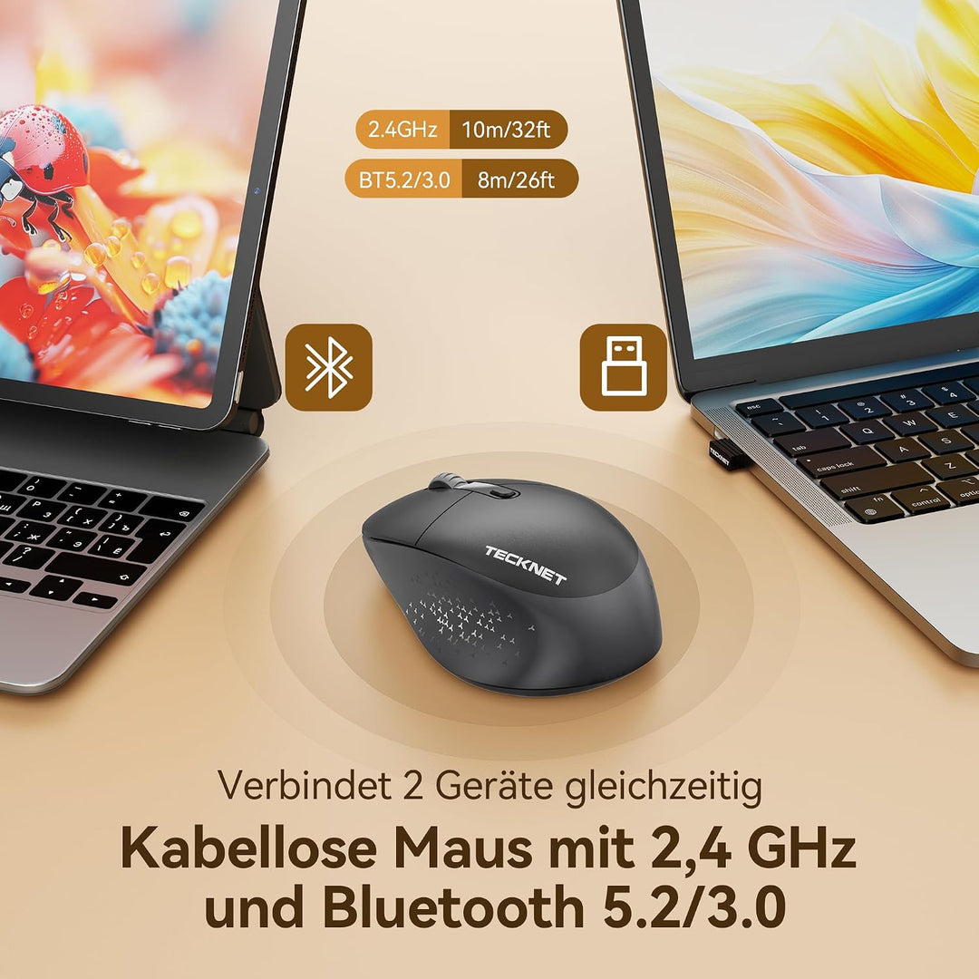 TECKNET Bluetooth Kabellose Maus Silent Tri-Mode 2.4G Wiederaufladbar | 3 einstellbare DPI, ergonomi
