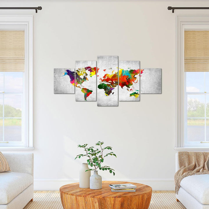 Runa Art Bild Büro Wohnzimmer Weltkarte 5 Teilig Landkarte Beton Bunt Wandbilder auf Vlies Leinwand