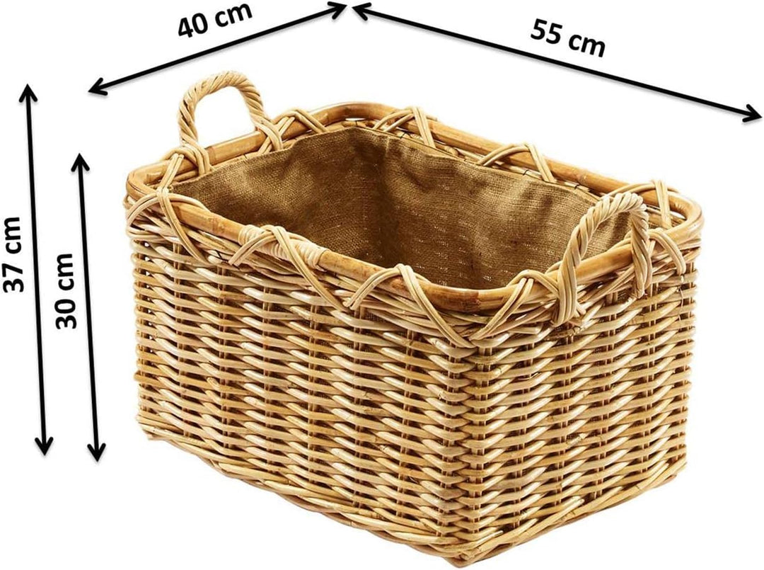 Kobolo Holzkorb für Kaminholz rechteckig natur aus Rattan mit Griffen und