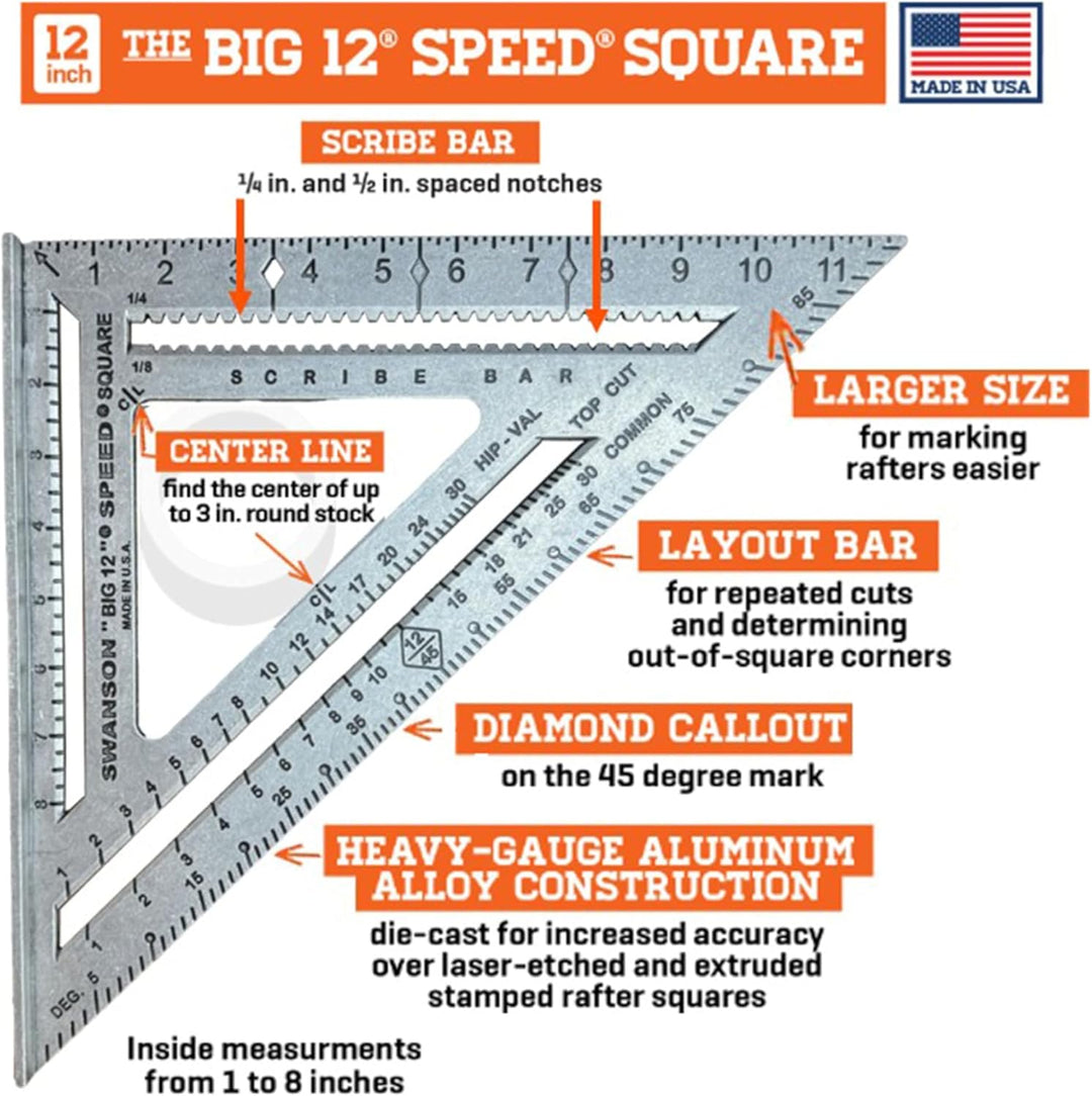 Swanson Tool S0101 7-Zoll Speed Square, 12" (inches) w/Layout Bar, Einfarbig, 1