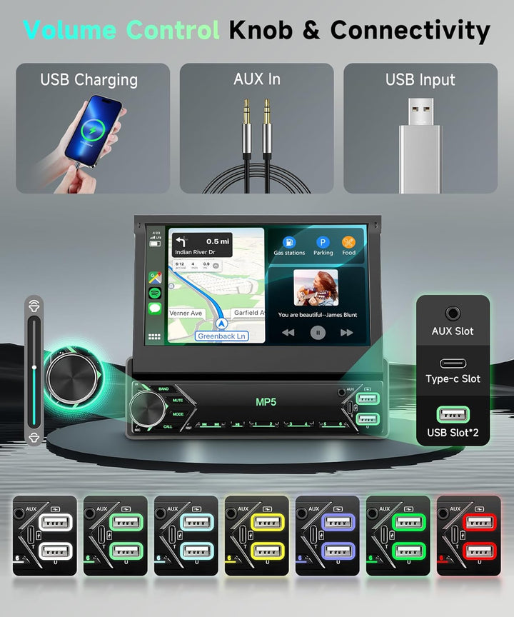 1 DIN Wireless Carplay Autoradio mit 7-Zoll manuell versenkbarem Touchscreen, Single Din Bluetooth R