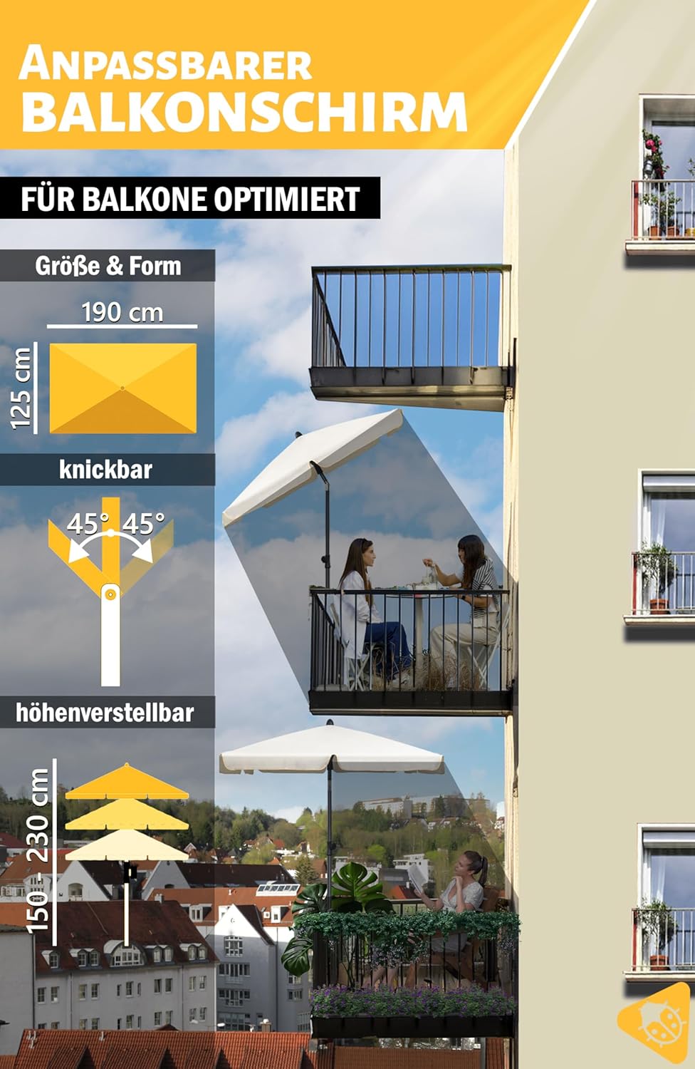 Menz Sonnenschirm, inkl. Sonnenschirmhülle - Sonnenschirm rechteckig 200 x 125 cm für Balkon, Garten