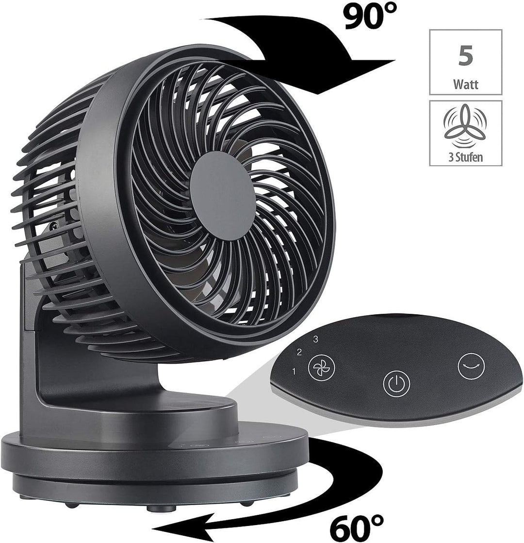 Sichler Haushaltsgeräte Ventilator Auto: USB-Tischventilator, 3 Stufen, Oszillation, bürstenloser Mo