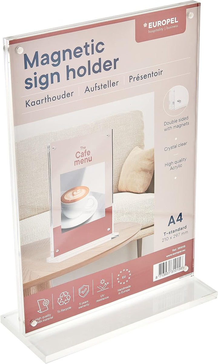 EUROPEL Luxe Tischaufsteller DIN A4, T-Aufsteller, mit Magnete, Hochformat, Acryl, Speisekarten & Pr