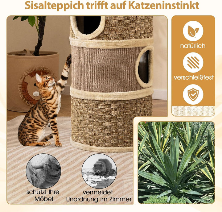 COSTWAY Kratztonne, Ø 36 cm, 70 cm hoch, Katzentonne mit Seegras-Seil, Sisal-Kratzbrett, 3 Höhlen, P
