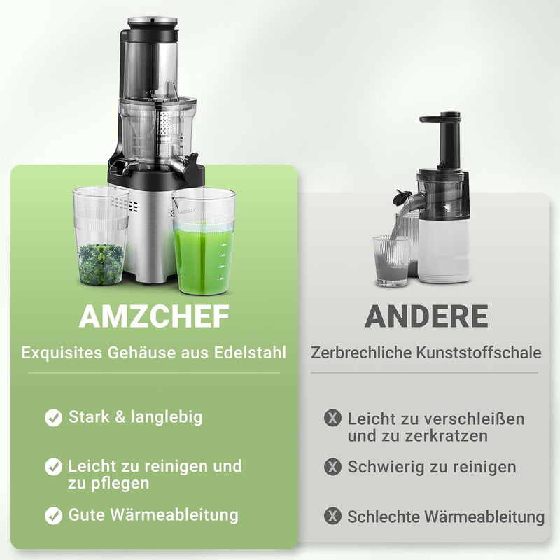 AMZCHEF Slow Juicer Vertikal - Entsafter mit 79 mm Öffnung für Gemüse und Obst Testsieger - Edelstah