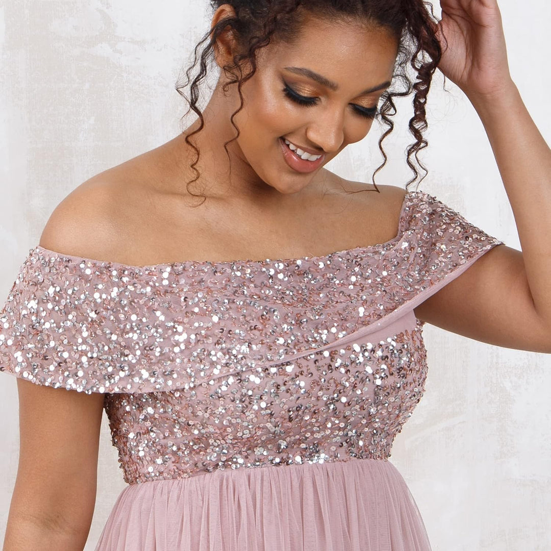 Maya Deluxe Damen Ladies Bardot Dresses Women Midi High Empire Waist Sequins Embellished Formal Even