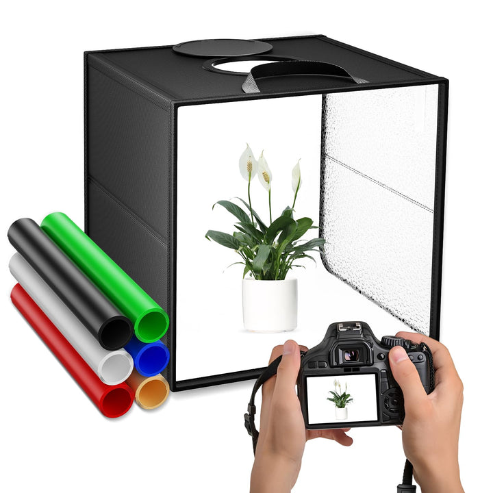 Fotobox, 40CM 5600K Mini Fotostudio Ausgestattet mit Weichen Lichttüchern,6 Bunten Hintergrundtafeln