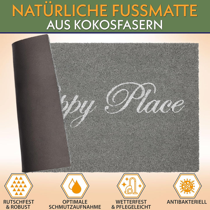 BRUBAKER Fussmatte für Aussen und Innen - Happy Place - 45 x 75 cm Schmutzfangmatte aus Kokos - Anti