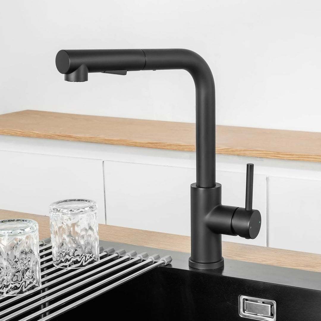 ANYCEE Wasserhahn Küche Schwarz, Hochdruck Küchenarmatur mit Ausziehbar, 360° Schwenkbar Küchenarmat