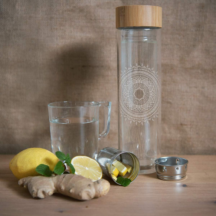 Navaris Teeflasche aus Glas mit Sieb - 500ml Tee Flasche Teekanne to go - Trinkflasche Indische Sonn