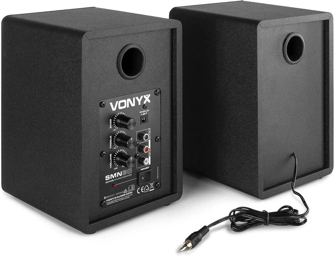 Vonyx SMN30B - Studio Monitor, Aktiv Lautsprecher Set, 60 Watt, 3 Zoll Studiolautsprecher Set, DJ Mo