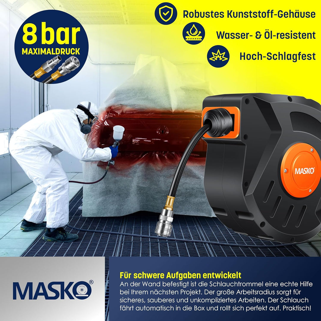 MASKO® Automatik Druckluftschlauch Aufroller 10m – Schlauchtrommel mit 1/4" Anschluss, Schlauchaufro