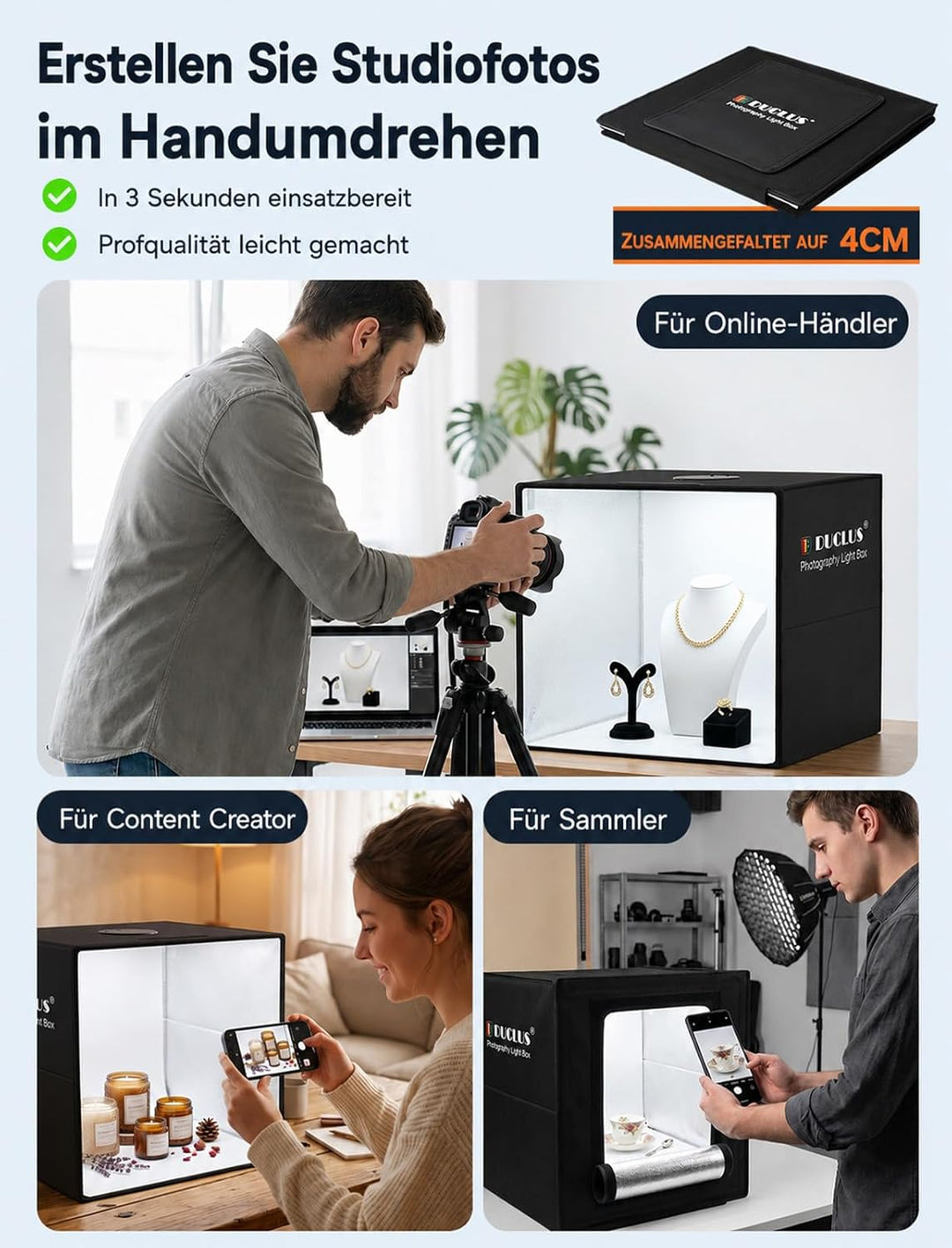 DUCLUS Fotobox 40x40 cm Faltbare Fotostudio, 5500K Dimmbare Lichtzelt Set mit 160 LED Beleuchtung un