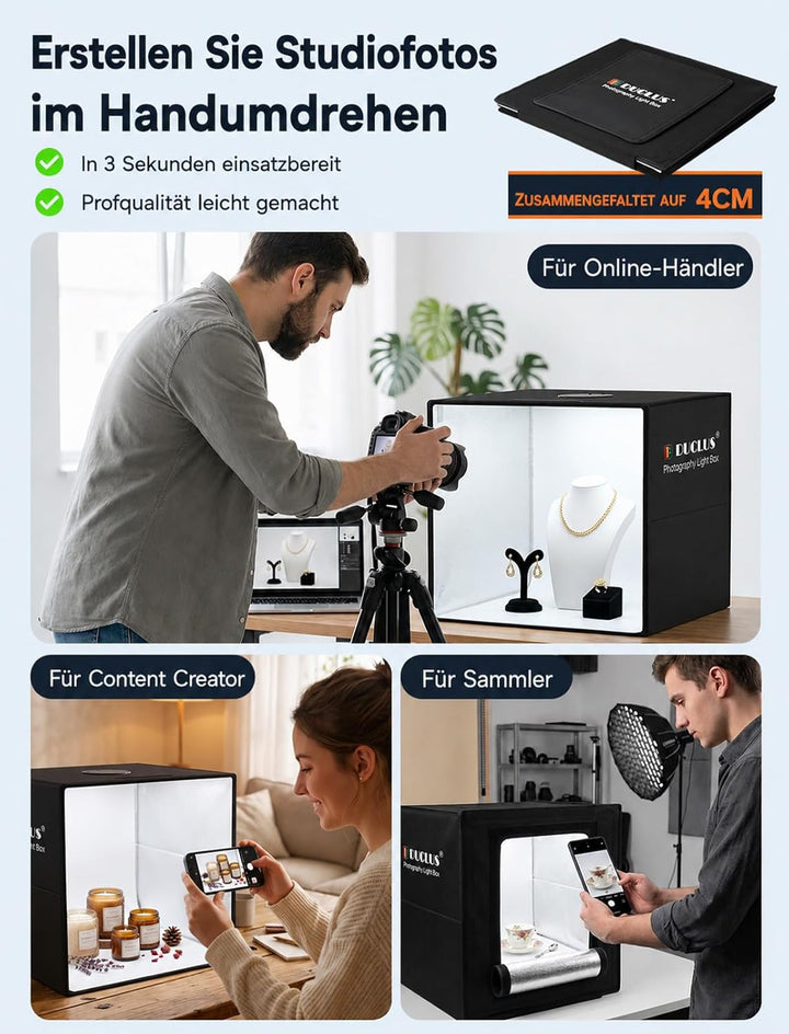 DUCLUS Fotobox 40x40 cm Faltbare Fotostudio, 5500K Dimmbare Lichtzelt Set mit 160 LED Beleuchtung un