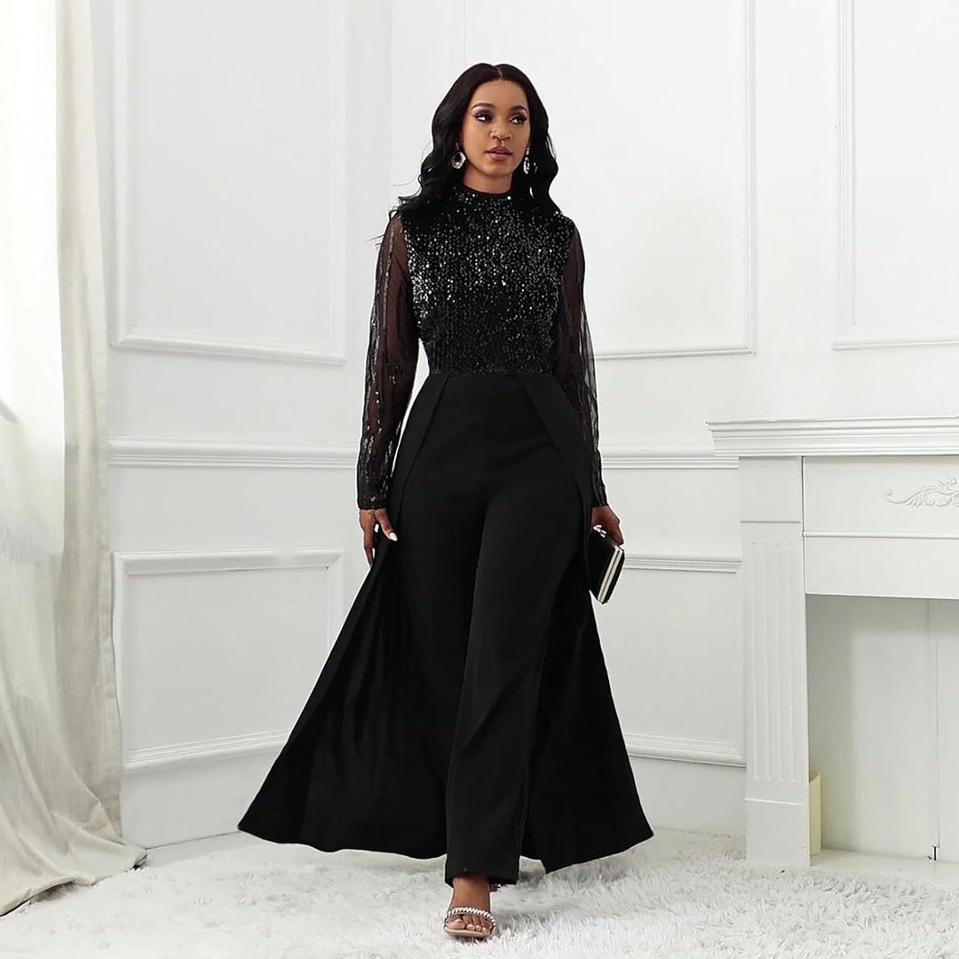 VERWIN Damen-Overall, Patchwork-Overlay, Pailletten, verziert, hohe Taille, Langarm XXL Schwarz, XXL