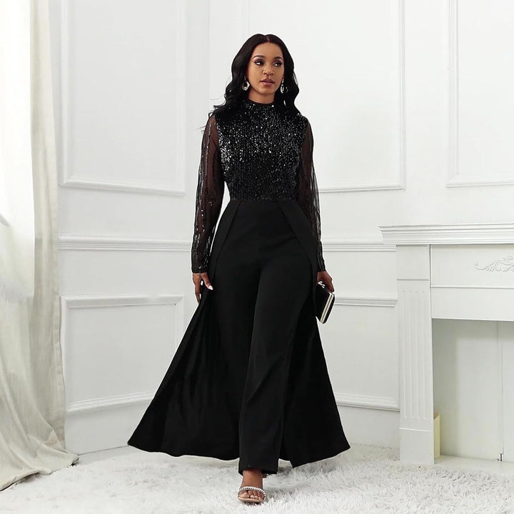 VERWIN Damen-Overall, Patchwork-Overlay, Pailletten, verziert, hohe Taille, Langarm L Schwarz, L Sch