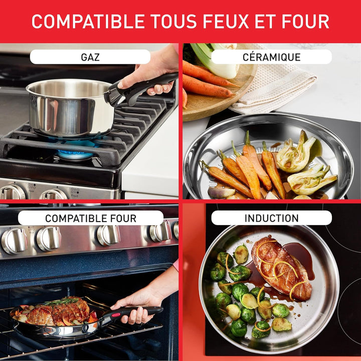 Tefal Ingenio Emotion Pfannen-Set, 3-teilig, 22/24 / 28 cm + abnehmbarer Griff, Edelstahl, unbeschic