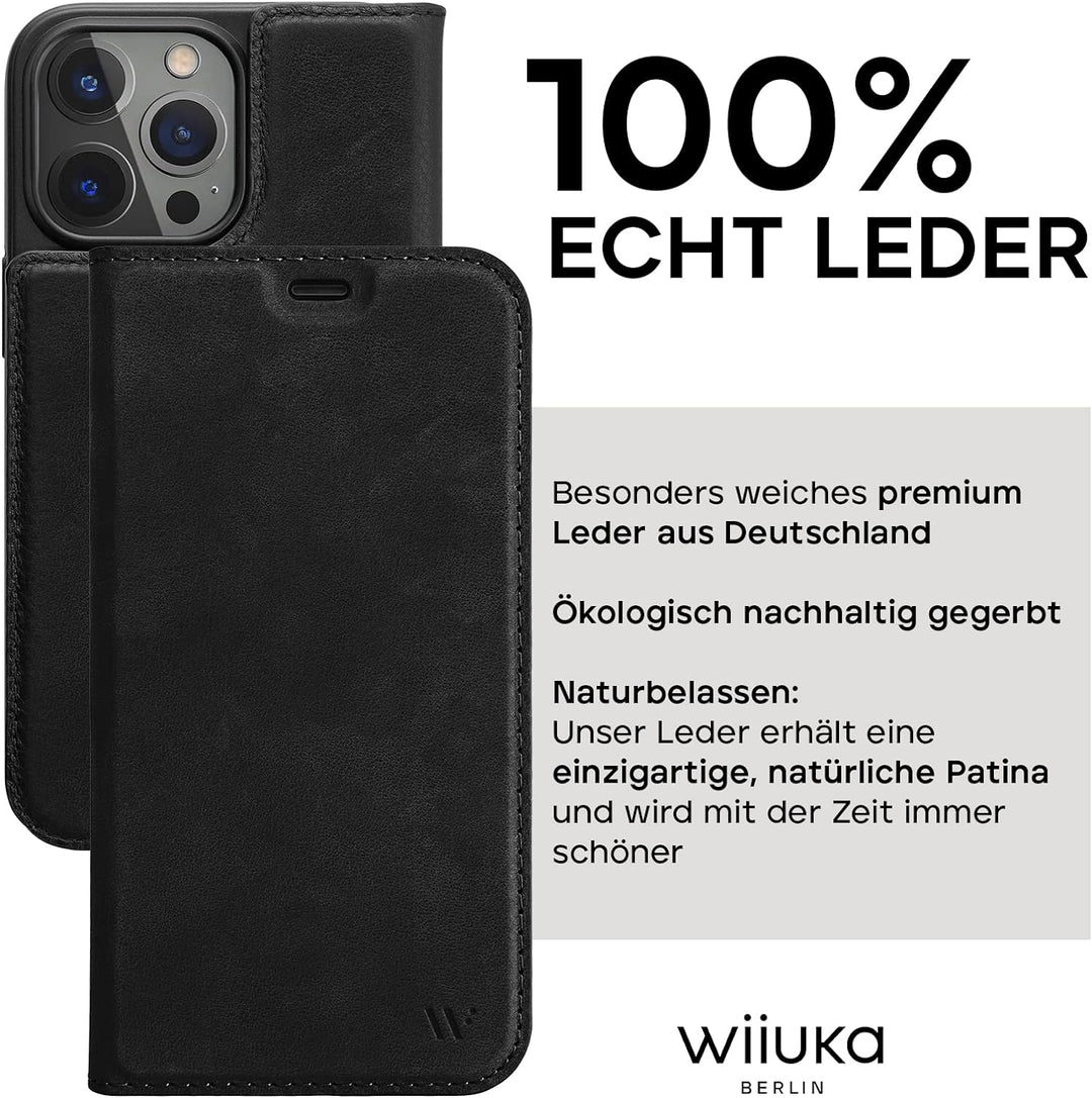 WIIUKA Hülle für iPhone 14 Pro, Leder aus Deutschland, mit Kartenfach, extra Dünn, Handyhülle mit St