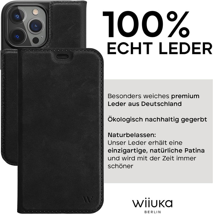 WIIUKA Hülle für iPhone 14 Pro, Leder aus Deutschland, mit Kartenfach, extra Dünn, Handyhülle mit St