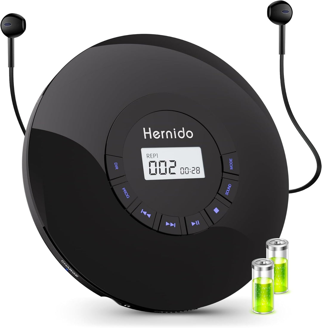 Hernido Tragbarer CD-Player mit Kopfhörer, CD-Player mit wiederaufladbarem Akku, Kompakter CD-Walkma