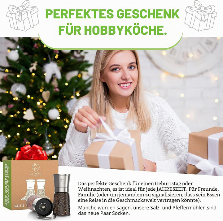 Oliver's Kitchen ® Salz und Pfeffermühle - Premium Keramikmühlen 2 Stück – Einfach aufzufüllen – man