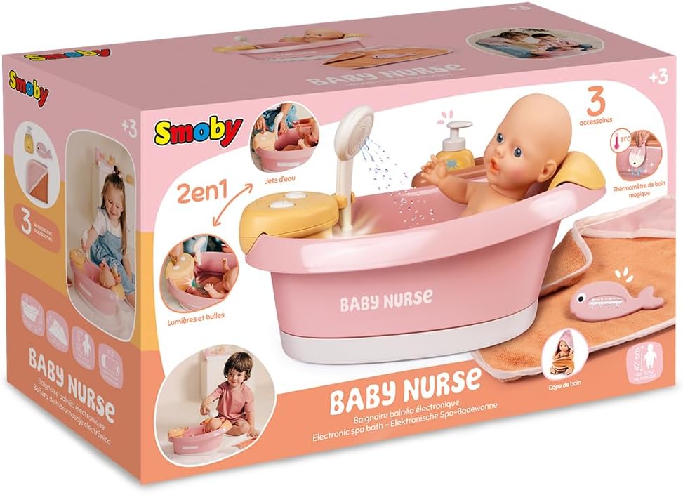 Smoby – Baby Nurse Puppen-Badewanne – Elektronisches Spielmodul mit Wasserstrahlen, LED-Licht, Blase