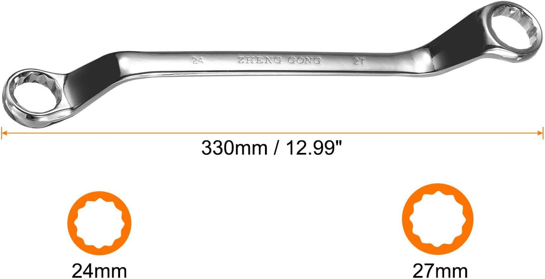 QUARKZMAN 2 Stück 24mm x 27mm 75 Grad Abgewinkelter Doppel Ringschlüssel Metrisch 12-Punkt Spiegelve