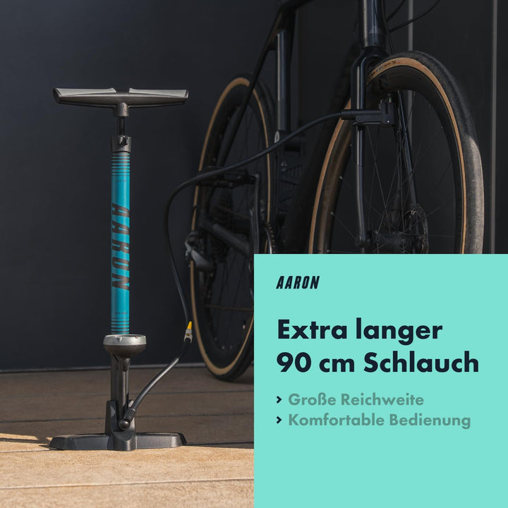 AARON Sport One Fahrrad Standpumpe mit Manometer für alle Ventile | Hochdruck Fahrradpumpe inkl. Bal