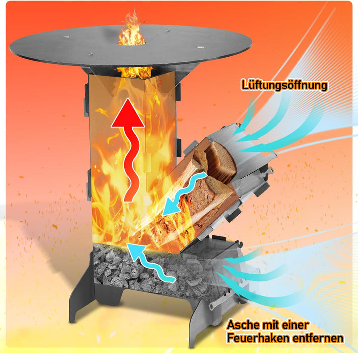 Peviasot Raketenofen mit Grillplatte und Feuerhaken Rocket Stove Outdoor 2 zusätzlichen Standfüssen
