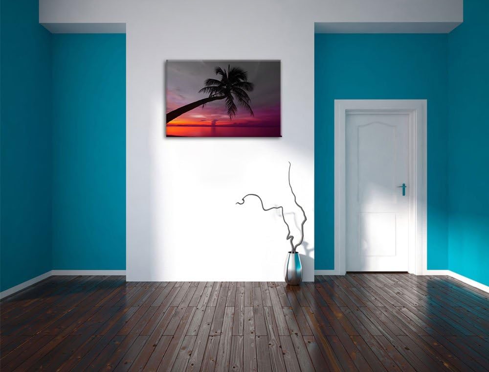 Pixxprint Palme am Meer mit Sonnenuntergang als Leinwandbild/Grösse: 100x70 / Wandbild/Kunstdruck/fe
