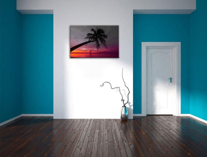 Pixxprint Palme am Meer mit Sonnenuntergang als Leinwandbild/Grösse: 100x70 / Wandbild/Kunstdruck/fe