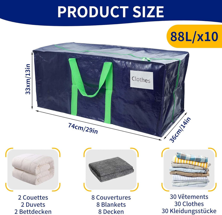VOUNOT 10 Stück Umzugstaschen Gross, Faltbare Aufbewahrungstasche mit Stabilen Griffen und Rucksackg