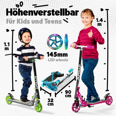 Apollo Skyracer City Roller mit LED Leuchträdern | Roller Kinder 6 Jahre | City Scooter mit Federung