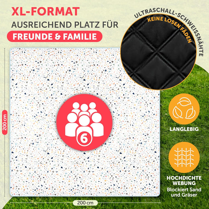 Blumtal Premium Picknickdecke wasserabweisend 200x200 cm Boho & Terrazzo Design - waschbare Strandde