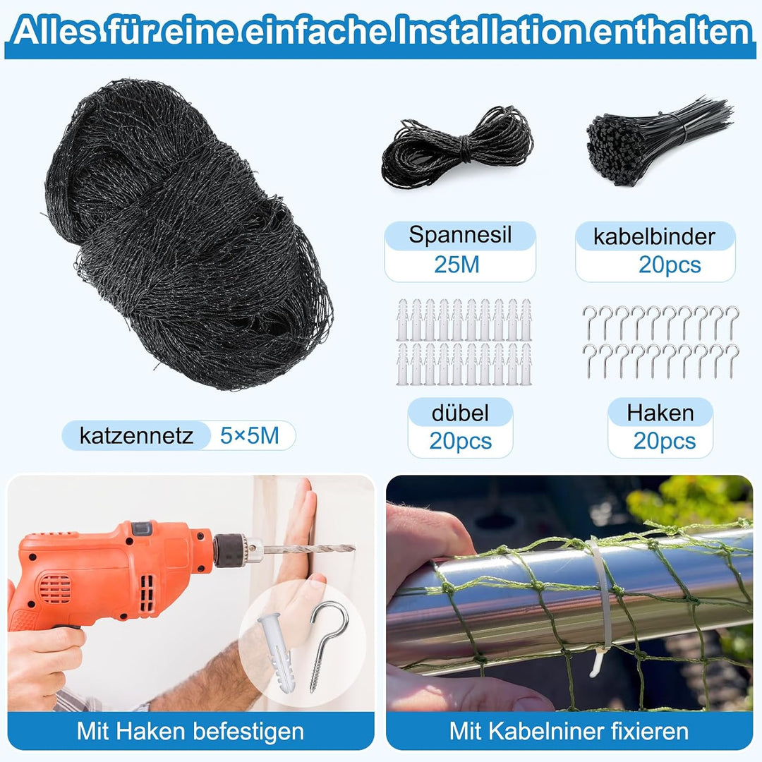 Aystkniet katzennetz für Balkon, 5 x 5 M Katzennetz Drahtverstärkt mit Befestigungsseil | Nägel | Ka
