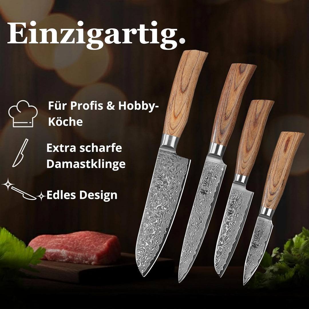 Wakoli Edib Pro 4er Damastmesser-Set mit Klingen von 8,50 - 17,20 cm Länge extrem scharf aus 67 Lage