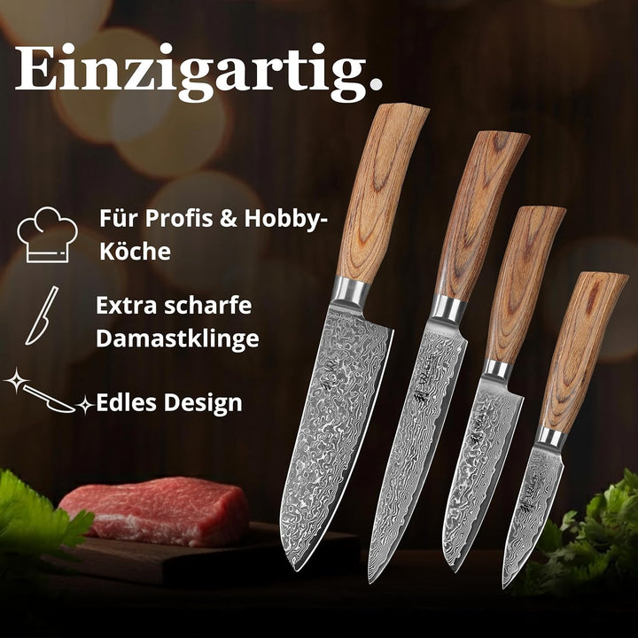 Wakoli Edib Pro 4er Damastmesser-Set mit Klingen von 8,50 - 17,20 cm Länge extrem scharf aus 67 Lage
