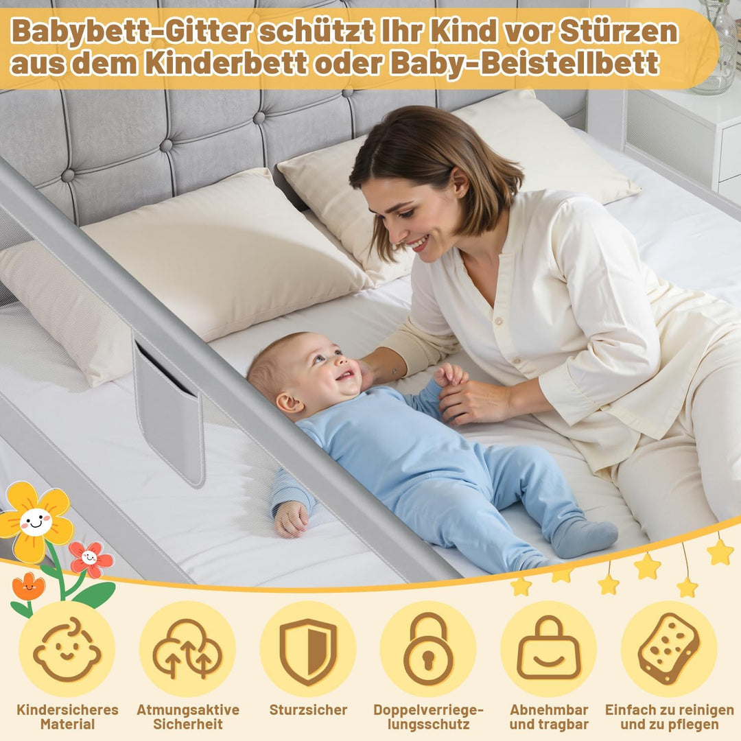 Bettgitter 200cm, Bettgitter Rausfallschutz Bett Höhenverstellbar 64-96cm, Bettschutzgitter Kinderbe
