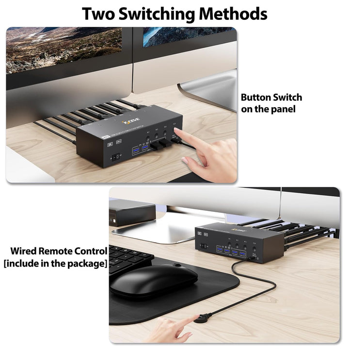 KVM Switch 4 PC 3 Monitore 8K@60Hz 4K@144Hz, USB 3.0 KVM Switch Triple Monitor 2 Displayport 1.4 + H