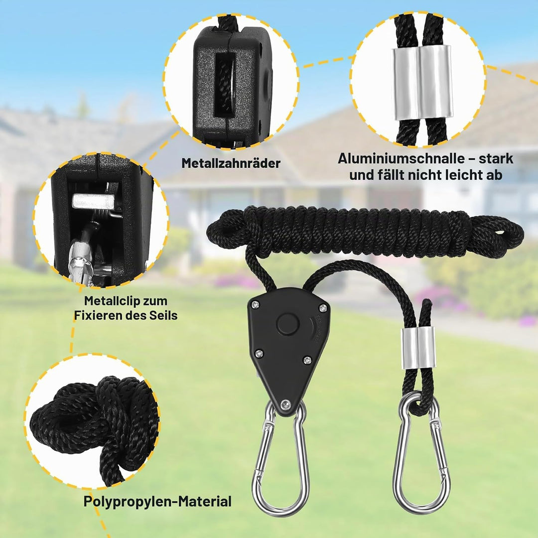 Votoko Seilratsche mit Haken, 12 Stück Winddichtes Outdoor Seil mit Ratsche mit 150 lbs Tragkraft, 1