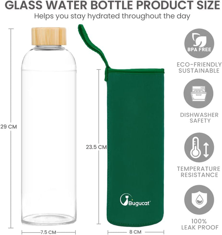 Bugucat Glasflasche 1000 ML, Trinkflasche aus Glas mit Bambusdeckel und Schutzhülle，Wasserflasche Au