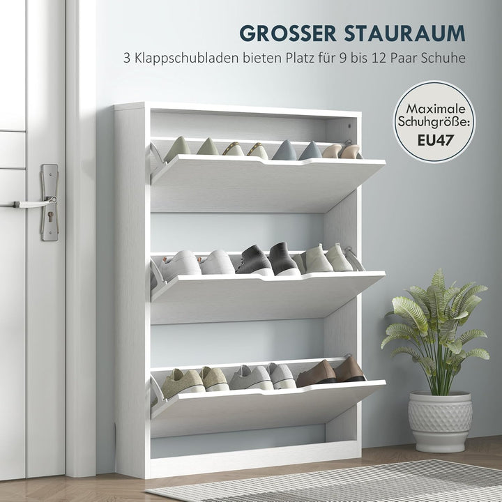 HOMCOM Schuhschrank mit 3 Klappen, Schuhregal, Schuhkipper Schmal Schuhkommode für 9-12 Paar Schuhe
